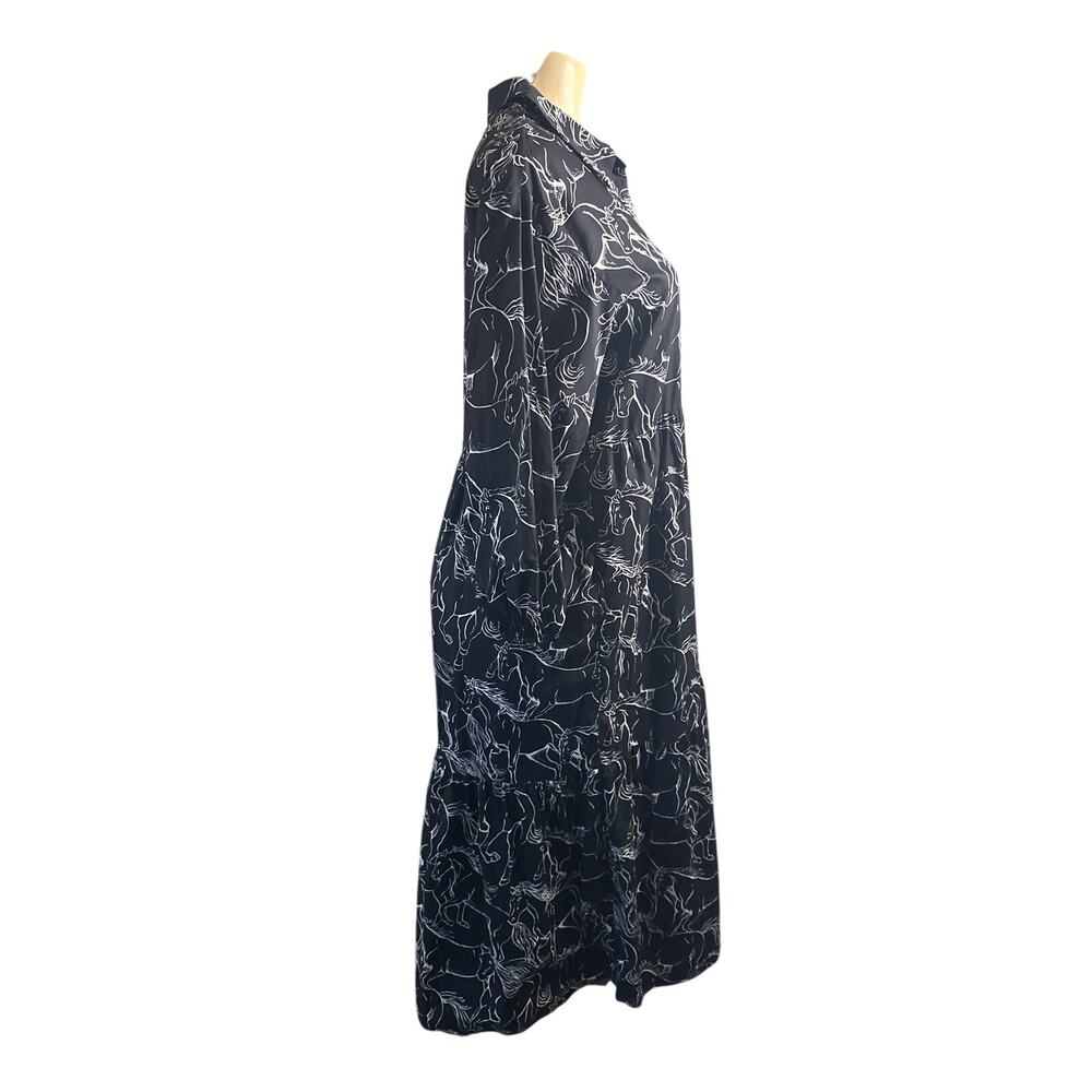Women M Anthropologie Maeve Bettina Tiered Navy Horse Pony Printed Shirt Dress - Picture 7 of 8